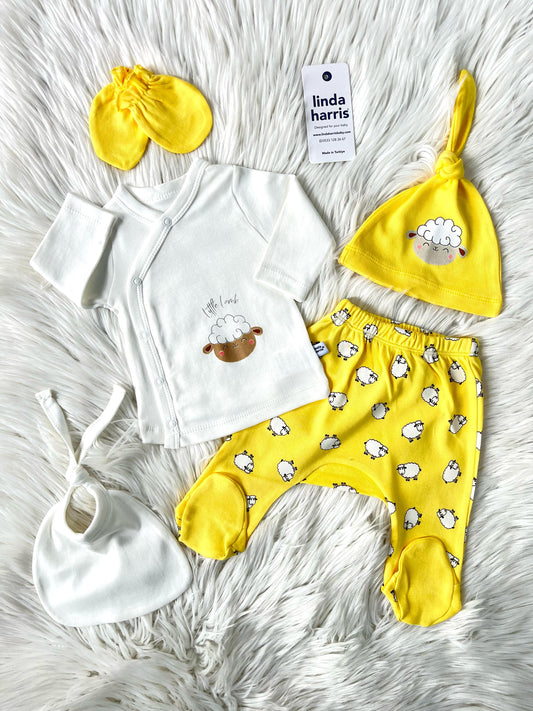 Sleepy Lamb Pattern Yellow 5-Piece Newborn Baby Hospital Coming Home Set