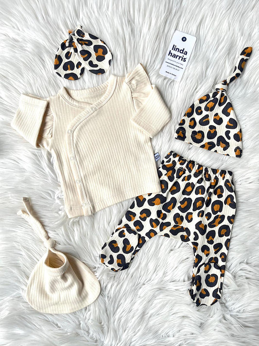 Leopard Pattern Cream 5-Piece Newborn Baby Girl Hospital Coming Home Set