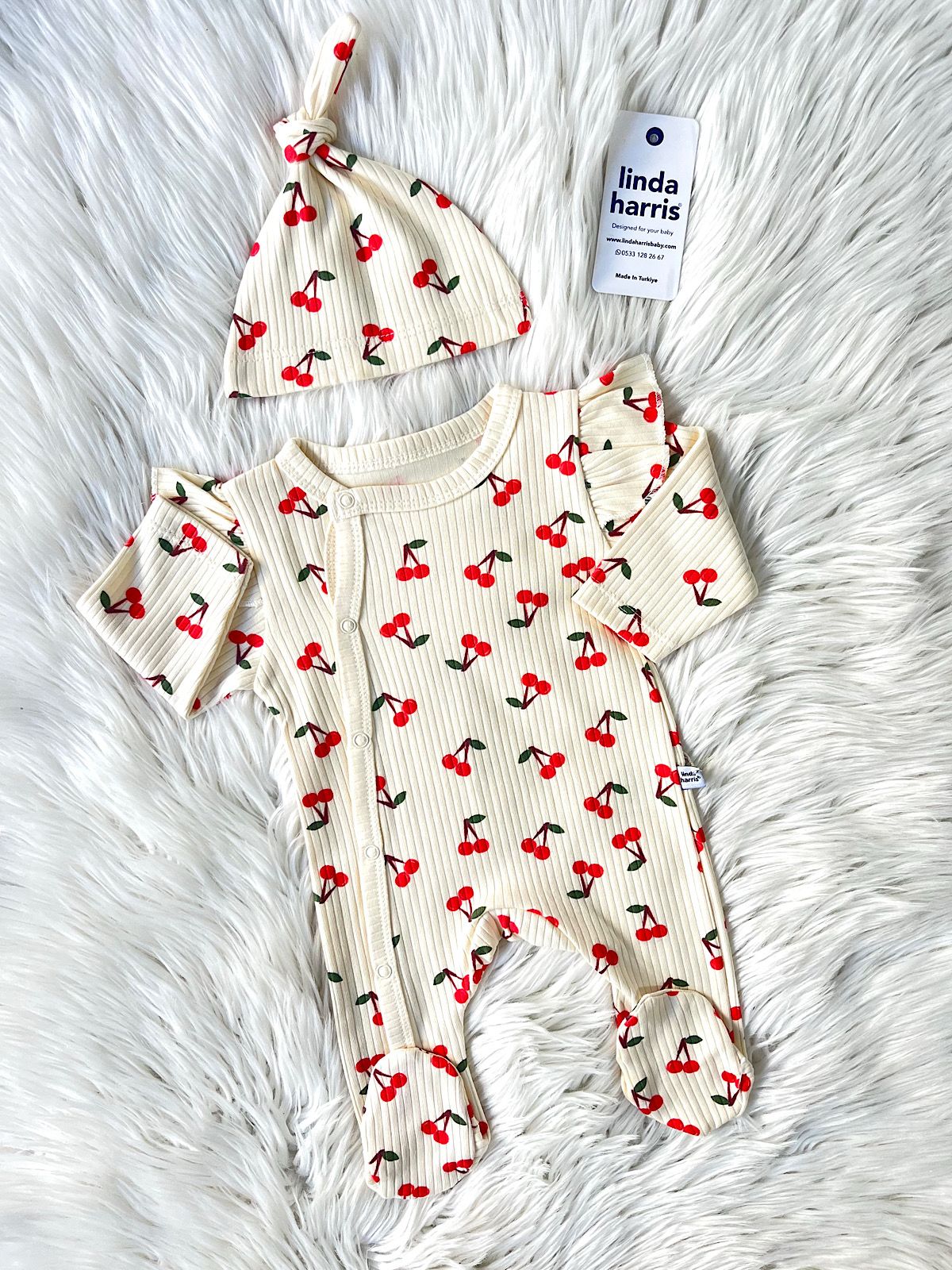 Cherry Pattern Cream Baby Romper with Hat