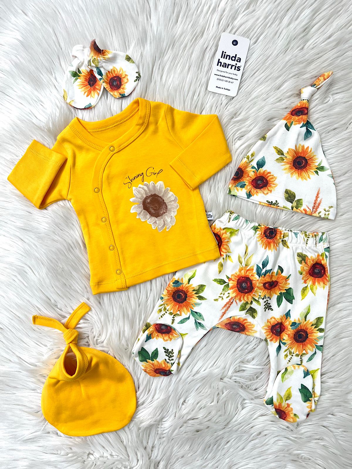 Sunflower Pattern Mustard 5-Piece Newborn Baby Girl Hospital Coming Home Set