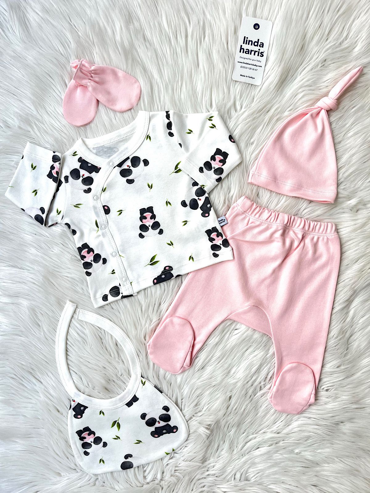 Heart Panda Pattern Pink 5-Piece Newborn Baby Girl Hospital Coming Home Set