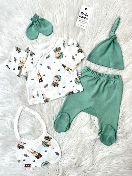 Rabbit in the Hat Pattern Green 5-Piece Newborn Unisex Baby Hospital Coming Home Set