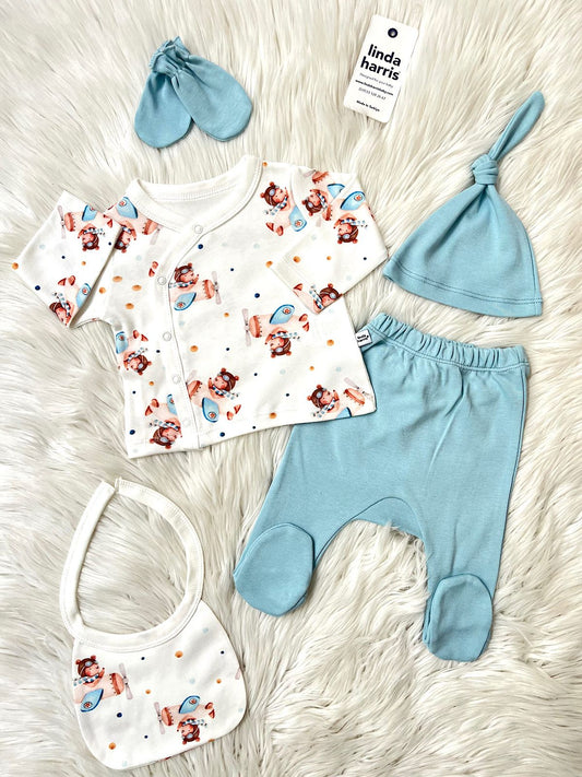 Bear with a Plane Pattern Blue 5-Piece Newborn Unisex Baby Hospital Coming Home Set