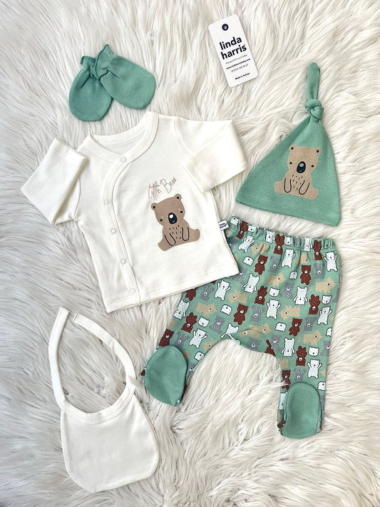 Little Bear Ecru-Green 5-Piece Newborn Baby Hospital Coming Home Set