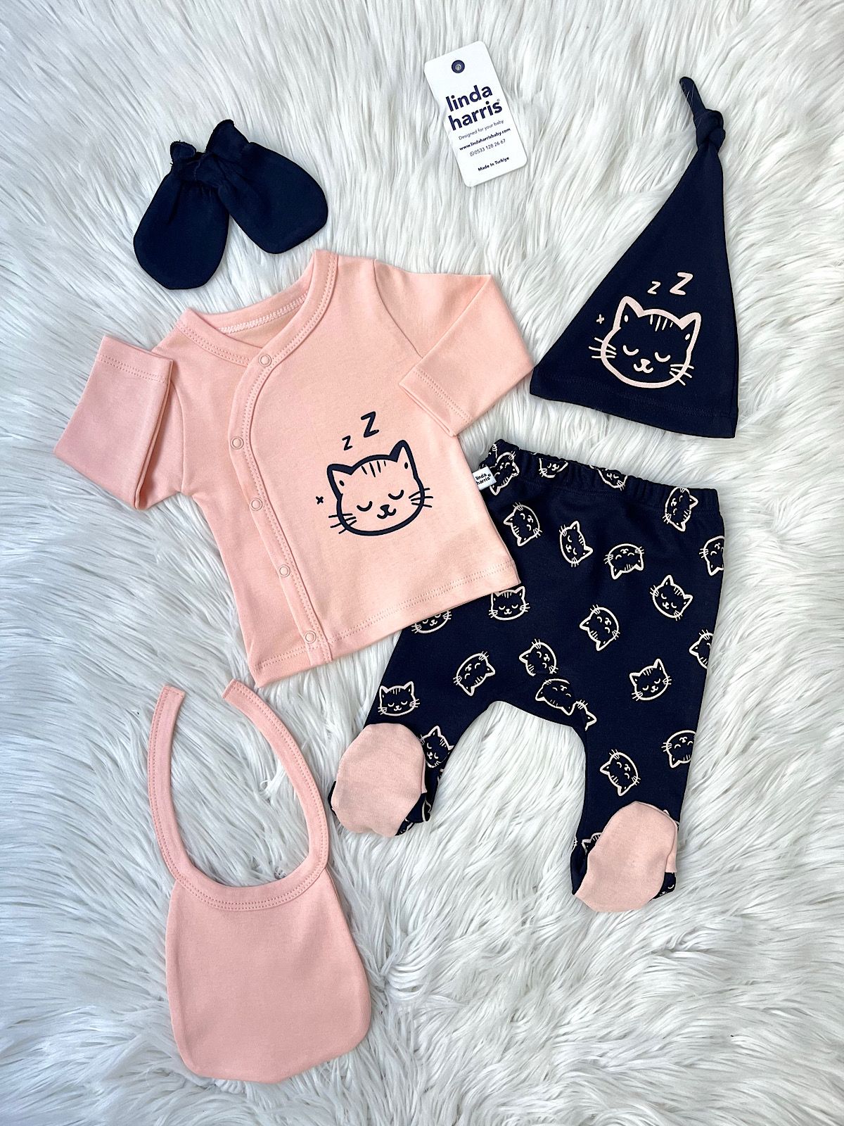 Sleepy Cat Navy Blue-Salmon 5-Piece Newborn Baby Hospital Coming Home Set