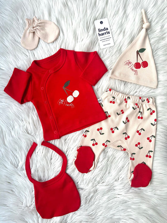 Cherry Pattern Cream-Red 5-Piece Newborn Baby Girl Hospital Coming Home Set