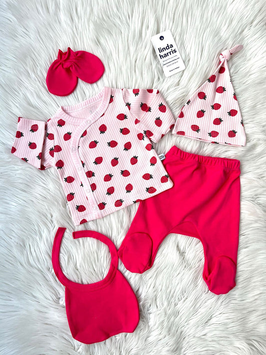 Strawberry Pattern Light Pink-Fuchsia 5-Piece Newborn Baby Girl Hospital Coming Home Set