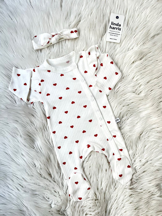 Heart Pattern Ecru Baby Romper Set with Bandana (Without Gloves)