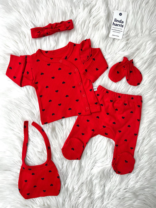 Heart Pattern Unisex Black-Red 5-Piece Newborn Baby Hospital Coming Home Set