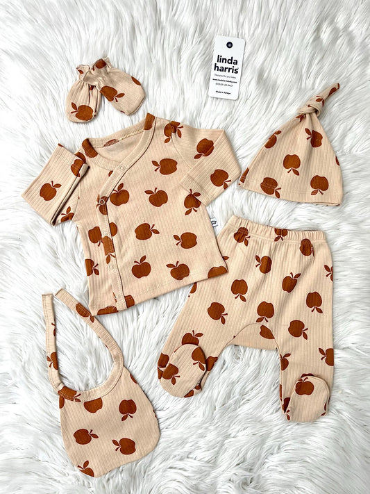 Apple Pattern Beige 5-Piece Newborn Unisex Baby Hospital Coming Home Set