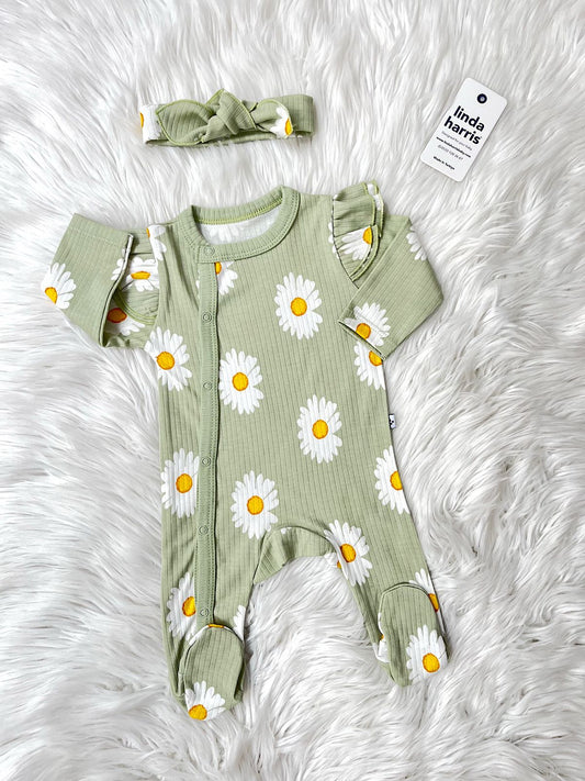 Daisy Pattern Light Green Baby Romper with Bandana