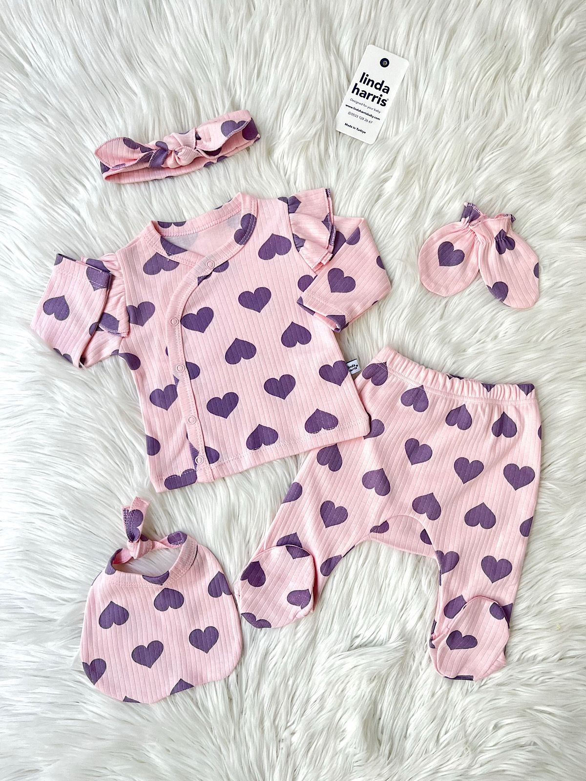 Heart Pattern Pink-Purple 5-Piece Newborn Baby Girl Hospital Coming Home Set