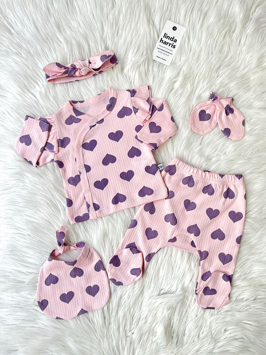 Heart Pattern Pink-Purple 5-Piece Newborn Baby Girl Hospital Coming Home Set