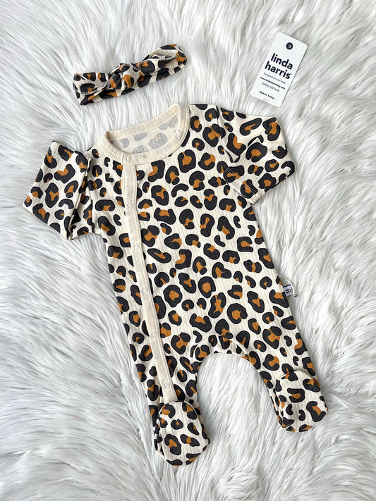 Leopard Pattern Cream Baby Romper with Bandana