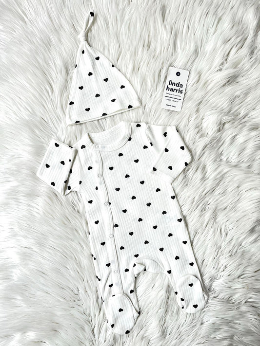 Heart Pattern Ecru-Black Baby Romper with Hat