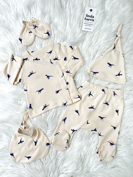 Dinosaur Pattern Beige-Navy Blue 5-Piece Newborn Baby Hospital Coming Home Set