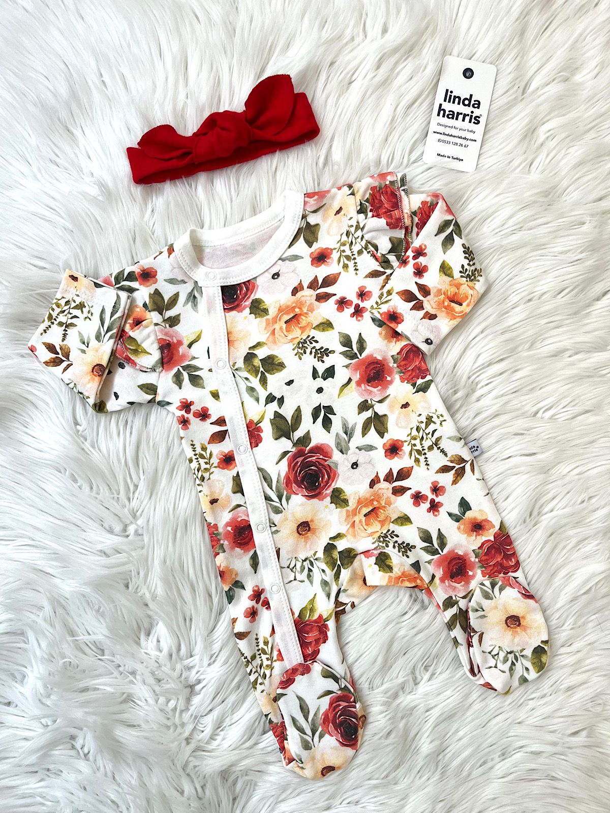 Rose Pattern Baby Romper with Bandana