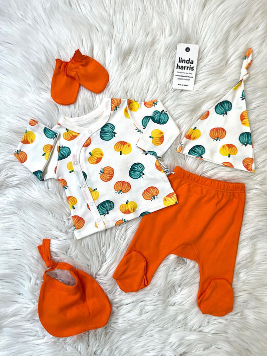 Pumpkin Pattern Orange 5-Piece Newborn Unisex Baby Hospital Coming Home Set