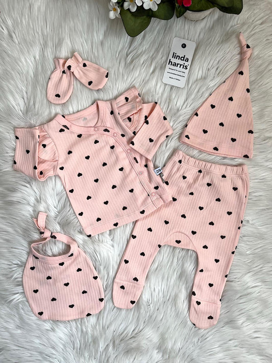 Heart Pattern Salmon 5-Piece Newborn Baby Girl Hospital Coming Home Set